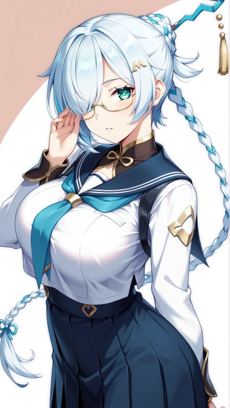 source_anime, general, best quality, masterpiece, 1girl,  <lora:Faymena_ill:1> faymena,blue hair, white hair, green eyes, blue eyes,braid, long hair, large breasts, bangs,hair over one eye, glasses, serafuku,