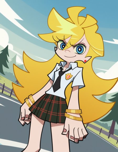 score_9, score_8_up, score_7_up, source_anime, <lora:panty-anarchy-anime-ponyxl-lora-nochekaiser:1>, panty anarchy, blonde hair, blue eyes, ahoge, long hair,, skirt, shirt, jewelry, school uniform, white shirt, pleated skirt, earrings, necktie, collared shirt, bracelet, plaid, plaid skirt, black necktie,, bike ride, countryside, dirt road, trees, afternoon sun, peaceful, alone, smile, , elbow bent, hand on thigh, foot pointed, solo,, cowboy shot, dutch angle