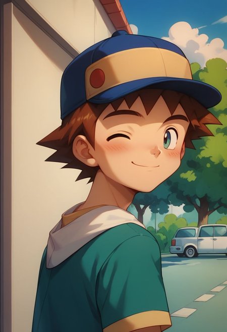 score_9, score_8_up, score_7_up, source_anime, highly detailed, 1boy, solo, male_focus, skinny, cute, short neck, 
richie2, solo, hat, smile, closed mouth, baseball cap, brown hair, wink, from back, looking back, blush, street,