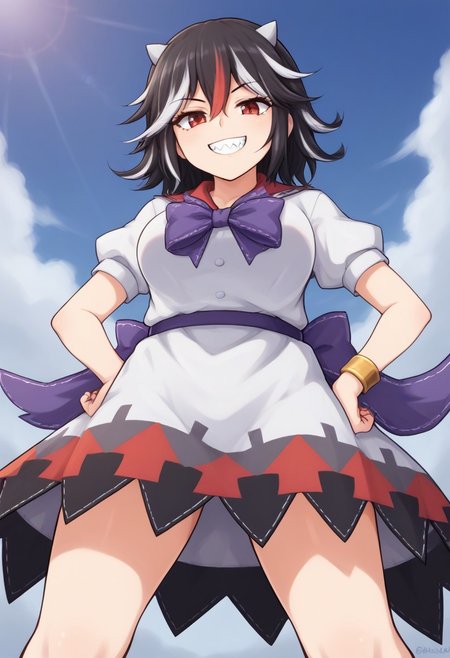score_9, score_7_up, source_anime, source_cartoon, perfect face, EyesHD, 145, BREAK, (illustration), intricately detailed illustration, Exquisite color design, (best quality, ultra detailed), smooth skin, high details, (1girls), mature female, beauty, thick thighs, big breasts,  kijin_seija, short hair, multicolored hair, (black hair), streaked hair, red hair, white hair, hair flaps, hair between eyes, red eyes, horns, small horns, grey horns, cone horns, white horns, white collared shirt, white buttons, sailor collar, bracelet, purple bowtie, puffy short sleeves, white dress, white skirt, layered skirt, underskirt, purple belt, purple bow, arrow print, arrow \(symbol\), facing viewer, narrowed eyes, looking at viewer, grin, sharp teeth, front view, low angle, day, hands on hips,