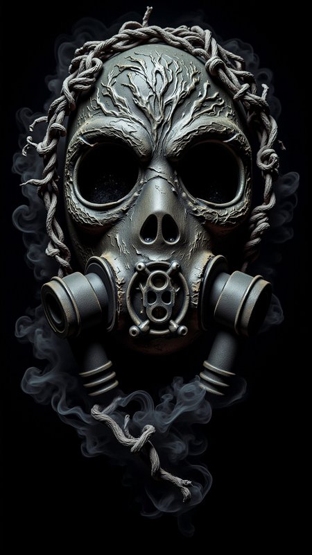 a photorealistic dark horror wickedness atmospheric concept art of gas mask by jama jurabaev, brush hard, artstation, cgsociety, for aaa game, high quality, brush stroke <lora:DarkmosphericFlux:0.9> professional studio photography