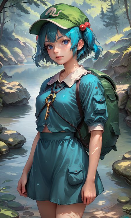 score_9, score_8_up, score_8, score_9, 1 girl,  source_anime,  <lora:nitori_pony-10:1>, kawashiro nitori,  backpack, green hat, blue dress, key, pockets, blue eyes, blue hair, short twintails, hair bobbles, cowboy shot, detailed background, outdoors, forest, river, lake,  <lora:2.5DRealisticV2:0.8>