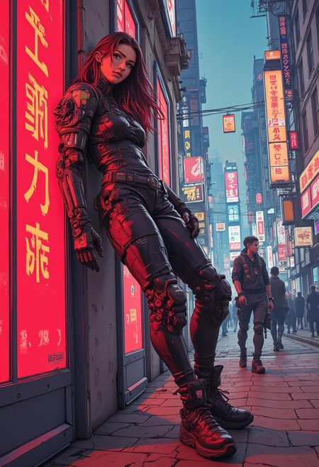 cyberpunk anime style, sci-fi female soldier in skin-tight battle armour, leaning against a wall on a cyberpunk street, with neon signs and large adverts featuring supermodels, red and black colour theme