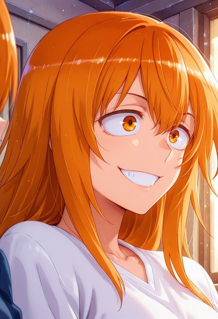 1girl, solo, masterpiece, best quality, newest, absurdres, CG, anime, source anime, illustration, very aesthetic, high resolution, ultra-detailed, newest, scenery, medium depth of field, rule of thirds, masterpiece-level, clean lines, 
BREAK 1girl, ((solo)), (solo focus:1.25), Gamou_Maki, orange_eyes, orange_hair, long_hair, hair_between_eyes, medium_breasts
shirt
closeup, closeup to face, portrait, smile, grin
minimalistic backround, two colored backround (white, red), abstract
cinematic angle, various angles, detailed background, beautiful background, (rays light:1.0),(grow:1.0) mystical, luminism, vibrant colors, light particles