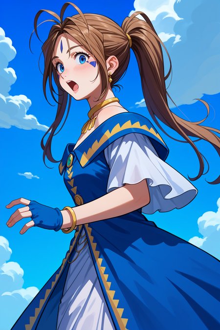 score_9, score_8_up, score_7_up, score_6_up, source_anime, 1girl, solo, <lora:belldandy-pdxl-nvwls-v1-000006:1> amgBDD, brown hair, ponytail, antenna hair, blue eyes, forehead mark, facial mark, necklace, earrings, blue and white dress, off-shoulder dress, white skirt, blue gloves, fingerless gloves, bracelet, surprised, open mouth, blush, gasp, from side, leaning forward, from below, blue sky, clouds, looking at you