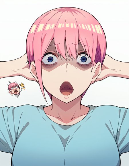 score_9, score_8_up, score_7_up, source_anime, <lora:ichika-nakano-s2-ponyxl-lora-nochekaiser:1>, ichika nakano, short hair, bangs, blue eyes, hair between eyes, pink hair, pixie cut, mature female, large breasts, <lora:shocked-black-guy-ponyxl-lora-nochekaiser:1> shocked black guy, open mouth, looking at viewer, hands behind head, shaded face,, , ,