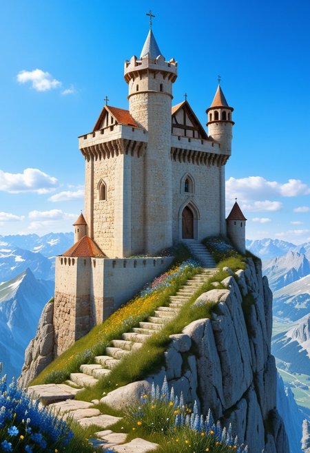 a  crusader watchtower on a (tall rock spire),  (13th Century:1.5), a stairway to the keep, doorway, very wide shot, fantasy, blue sky, alpine meadow flowers, best quality, masterpiece, realistic, photo-realistic, amazing, finely detail, ultra-detailed, highres, extremely detailed, 8k wallpaper