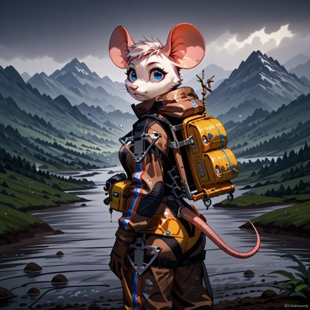 score_9, score_8_up, score_7_up, source_anime, Anthro mouse, B3ck13M0us3, standing, wearing  bridgesuit, holding pink balloon, mud, raining, mountains in background, clouds, looking at viewer, backpack,