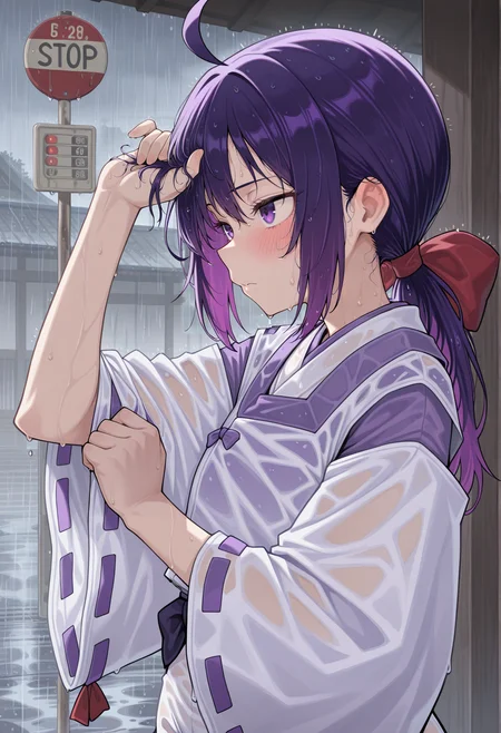 1girl, solo, long hair, purple hair, ahoge, low ponytail, ribbon, purple eyes, japanese clothes, wide sleeves, onmyouji, shorts, ribbon-trimmed sleeves, wet hair, portrait, rain, buss stop, squeezing hair, blush, loogking down,l sweat  <lora:akari_ichijou_illus:1>, masterpiece, best quality, amazing quality, very aesthetic, absurdres, highres, newest