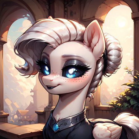 masterpiece, score_9, score_8_up, score_7_up, (best quality:1.1), ultra-detailed, high resolution, 1 girl, solo, pony, highly detailed macro illustration, mlp, g4, (Albina smiling), Albina, black sclera, (long white hair), black wings, glowing eyes, freckles, close-up face, smiling, blushing, mare, sensual, long eyelashes, (indoors), (((beautiful detailed eyes))), Long eyelashes, fluffy, ear fluff, thick lips, goth styles, black lipstick, black dress, Highly Visible, (((8k))), sharp focus, perfect lighting, anatomically correct, extremely detailed, shine on body, (medieval hall), high detail, Expressiveh, detailed background, OverallDetail, zPDXL2