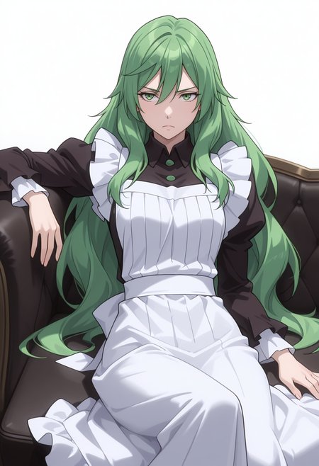 Smooth Quality,masterpiece,very intricate, high quality details, ultra realistic, high detailed skin,detailed enviorement,absurdres,
simple background, white background, 
front view,reclining, one leg over other, arm on backrest, calm, composed,  ,traumatized,
 <lora:Misery_cnn:0.8> 1girl, green hair, green eyes, hair between eyes, frown, very long hair, sidelocks,dress, shirt,maid apron, puffy sleeves, long sleeves, juliet sleeves, enmaided,
