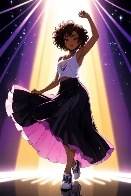 <lora:Zahara_10:1>, an anime artwork by Takasaki Masaharu, a studio work with a hint of Pink, Purple and Lavender. Portraying an in Snazzy Magic Maxi skirt and tank top, Rock Star (zahara is a beautiful black woman:1.3) . It is captured in silhoutted against bright lightsource lighting. Best quality, set logical ambient background, gorgeous, HDR, shiny dynamic action, dynamic cinematic color, highly enhanced, magical, enchanted, luxurious sharp focus, detailed