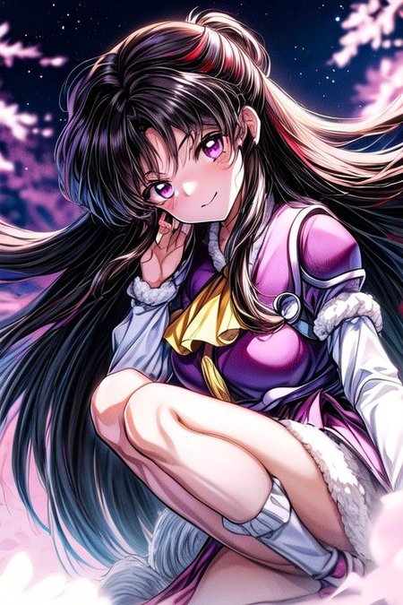 masterpiece,  best quality 1girl Setsun4 solo long hair,  (night time) forest background black hair very long hair purple eyes multicolored hair armor (fur trim) (medium body),<lora:EMS-179-EMS:0.800000>,<lora:EMS-293862-EMS:0.800000> bow, hair_bow, hair_tubes, red_bow, brown_hair, long_hair, bangs, ascot, frilled_bow, yellow_ascot, blush, smile, hair_between_eyes, athletic, armor
