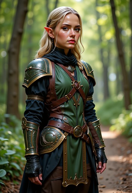 Full body view, Headshots, masterpiece, a beautiful woman, Hyperrealistic, she is smiling, dynamic angles, multiple angles, photoshoot poses; A photo of reai, a woman with blonde hair, she has massive breasts, a beautiful girl,  wearing earrings and a necklace. She is standing in a beautiful enchanted forest, she is wearing ornate green and metal armor, and leather boots. The scene is a beautiful and welcoming, well-lit environment, with a dynamic pose and a sense of action. and the lighting is soft, creating a dramatic effect, and creating a focused and dynamic pose. The scene is set in a beautiful, well-lit environment, with a sense of action and adventure. Style: realistic hyper-detailed rendering, 32k UHD, expressive eyes, punk, graphic design, girl's face, pretty and cute, gleaming lips, telling a tale of adventure. Exuding confidence and serenity. The overall mood of the image is happy and relaxed, with detailed skin texture (blush:0.2),(goosebumps:0.3), subsurface scattering,  a playful and whimsical tone,perfect hand, hand, detailed hand,niji style,retro50s_style,

