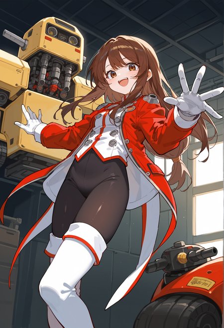 1girl, long hair, brown hair, sidelocks, brown eyes, Low-Tied Long Hair, red jacket, Leggings, white gloves, thigh boots, smile, indoors, garage, mecha, machinery, robot, reaching towards viewer, from below  <lora:Erica_Fontaine:1>, score_9, score_8_up, score_7_up, score_6_up, score_5_up, score_4_up, BREAK source_anime, masterpiece