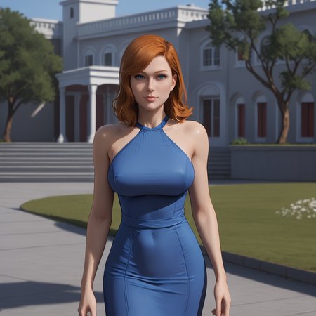 <lora:batgirlgothamknights_pony_v1:.8>BarbaraNoMaskNudeGothamKnights, 1girl, large breasts, freckles, lips, nose, orange medium hair, cowboy shot, <lora:0932 Home wear 9_v1_pony:1> ruanyi0932,blue dress,halter dress,sleeveless,cowboy shot,taut dress,skin tight,long dress