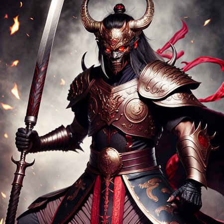 photo, an illustration of a demon in armor holding a sword (FantasyDaimyo style:1)  <lora:djzFantasyDaimyoV21:0.8>