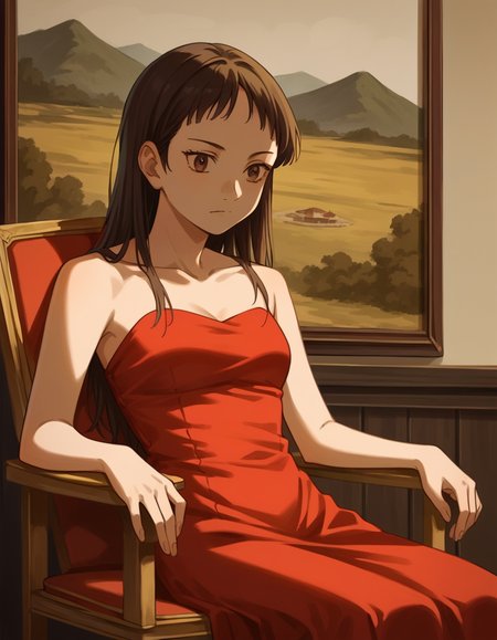 score_9, score_8_up, score_7_up, source_anime, <lora:emi-igawa-s1-ponyxl-lora-nochekaiser:1>,, emi igawa, long hair, brown eyes,, dress, red dress, collarbone, bare shoulders,, museum, art exhibit, paintings, observing, quiet contemplation, cultural experience, , , arm resting on back of chair, solo,, cowboy shot, dutch angle