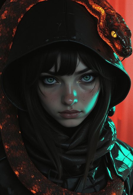 nistyle, monochrome Manga Sketch, extreme pointed hood Closeup, a dark ethereal sss ghosts black hood, translucent Killing Gaze smile, eerie, eyes Shrouded in darkness, hyperdetailed manga sketch style, with bleached vibrant colorful neon color Highlights, grey, and white color grading. Translucent sss Colorful Backdrop with Glitch effects in another contrast application, Closeup Portrait, atmospheric lighting, A monochrome photorealistic hyperrealistic hyperdetailed Portrait of a Natural freckled french woman Wearing a Translucent sss amber and opal snake with Glitch effects AS scarf, the snakes head is looking over her shoulder with an threatening gaze, Backlit backlight