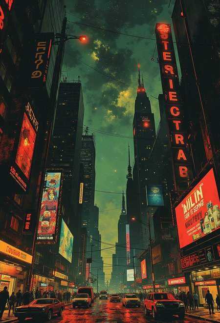 a futuristic sci-fi city reminiscent of Times Square with tall towers and futuristic skyscrapers, neon advertising boards for products, surreal colours, detailed night sky with stars and nebulas