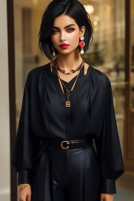 masterpiece, best quality, ultra detailed, perfect_eyes, bellissima, 1girl, black collared shirt, brown pants, Armani style, very short hair, black hair, earrings, chain necklace, makeup cowboy_shot