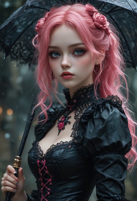 Masterpiece, dgtaaa, the intimate portrait of Perona, the Ghost Princess from *One Piece*, born of whimsy and gothic charm, her beauty playful and haunting,  
Her bright pink hair styled into twin buns, her wide red eyes gleaming with mischief, her body leaning slightly to one side, one hand holding her iconic umbrella while the other gestures toward a floating ghost, her lips forming a cute, pouty smile,  
Hyper-detailed skin with pale tones and a faint ethereal glow, cinematic lighting with soft pinks and cool blues, bokeh of a haunted mansion shrouded in mist, her pose playful yet eerie, exuding the charm of a gothic doll,