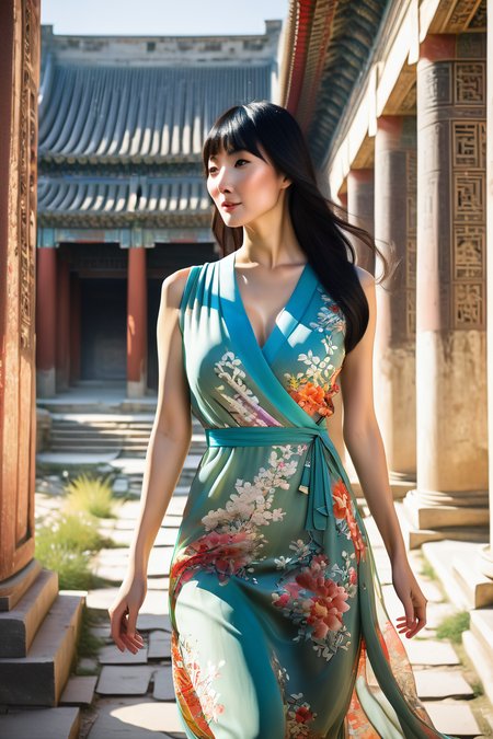 majmilfxc, a beautiful chinese woman in her eary  40s with long, silky smooth black hair and blunt bangs, exploring the ancient ruins of Chichén Itzá under the bright midday sun, wearing a flowing summer dress with a vibrant floral pattern, the dress fluttering gently in a breeze, sun-kissed skin glowing in the natural light, soft shadows cast across the structures, her expression serene and thoughtful as she walks among the ancient ruins, richly detailed textures, photorealistic rendering, cinematic composition, peaceful and timeless atmosphere