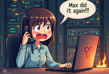 a cute anime illustration with a panicking woman inside a server room, she is answering the phone, a monologue bubble with the text "Max did it again!!!". Behind her, the server room is filled with burning computers and flames