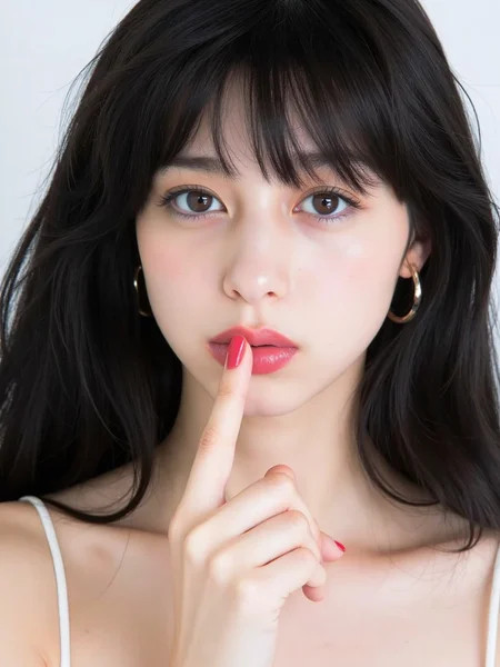 There are wonderful studio lights and various reflections,
18yo beautiful cute girl with blushing and female orgasm.skin naturally showing the texture of blood vessels and detailed pale skin,
--,
<lora:Nakajo_Ayami_f1:1>,she is Nakajo Ayami, --,A striking portrait of a supercute Asian model with stunning features, giving a bold and confident expression. Her long, glossy black hair cascades in soft waves around her face, highlighting her flawless, glowing skin. She has bright, expressive eyes framed by long lashes, and her lips are full and slightly parted, emphasizing her natural beauty. The model is holding her finger up to her lips in a playful yet defiant gesture, with her manicured nails painted a vibrant red. The lighting is bright and clean, casting a soft glow on her face, enhancing her delicate features. The overall mood is both daring and elegant, blending a sense of beauty with an edgy attitudeï¼A soft erotic atmosphere, the light evokes sexual desire.