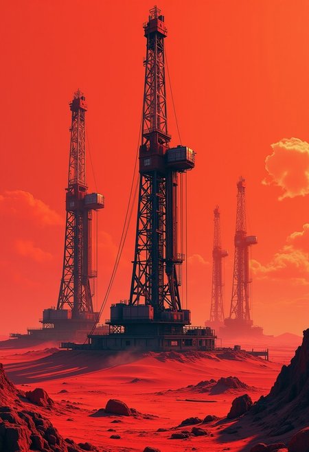 A digital artwork in the style of cknc, red and black palette, showing industrial drilling rigs in a flat, arid, dusty sci-fi environment.  The drilling rigs are tall towers with circuitry