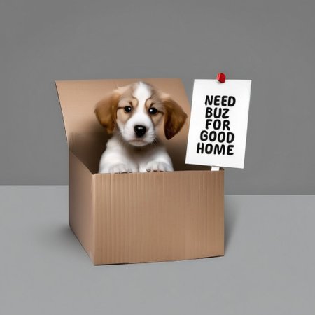 sad puppy in box with a sign saying "Need buz for good home"