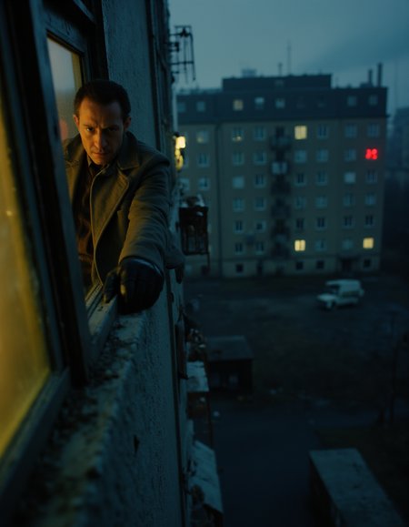 A tense, cinematic scene featuring a Russian spy agent gripping the edge of a crumbling concrete window frame on a Soviet-era housing block. The agent, dressed in a weathered trench coat and black leather gloves, clings precariously to the edge of the seventh-floor window. His expression is a mix of determination and desperation, with his sharp jawline and steely eyes partially illuminated by the faint yellow glow of the apartment's interior lights.
The scene is set at night, under a cold, cloudy sky, with a faint drizzle adding a sheen to the dull, gray concrete of the housing block. The building's façade is detailed with peeling paint, rusted balconies, and scattered laundry hanging from lines. Dim, flickering fluorescent lights from other windows contrast with the deep shadows cast by the building's angular design.
The perspective is dramatic, captured from a low angle, emphasizing the height and danger of the situation. In the distance, the faint glow of industrial smokestacks and a red neon sign hint at the bleak Soviet cityscape. A chilling wind stirs a nearby curtain, adding a sense of motion and urgency to the scene.
Technical Details for Photography-Style Rendering:
Camera: Canon EOS R5
Lens: RF 24-70mm f/2.8L IS USM
Settings: 35mm focal length, f/2.8 aperture, ISO 800, 1/125s shutter speed
Lighting: Practical light from the apartment window, supplemented by soft moonlight and ambient city lights, creating a dramatic chiaroscuro effect.
 <lora:CinematicStyleFlux_v1:1>