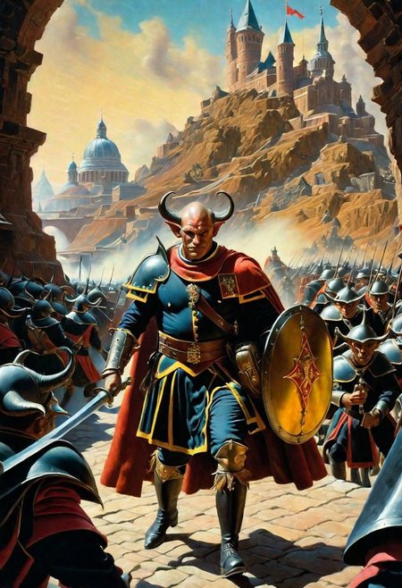 A hyperrealistic 8k photograph was captured by Sid Avery's Hasselblad camera, depicting close-up a handsome+ Tiefling shield bearer with pink+++ skin and slender build during a battle+++, surrounded by goblins++, He has a bald head, neon yellow eyes, calm++ and handsome+ and detailed face, cold smile++, mysterious and ominous aura of dark shadows enveloping the figure, Lovecraftian Horror-themed, in the artistic style of Boris Vallejo, Shadows casting an uncanny atmosphere, hints of eldritch dark energy crackling, He is dressed in a Swiss Guard uniform, high details and era-appropriate, He is wielding a magically radiating+ Backsword+ in the right hand, and he is holding a steel shield+++ in the left hand, Backdrop (background) of a focused scene of a battle with goblins++ next to a black palace, Mysterious composition, imbued with a dark, ambient 3d warm studio backlight.