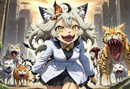 2d,anime,kemono friends, scientists have finally succeeded in creating a catgirl, but its a hideous fleshmutant abomination,grotesque,sense of horror,menacing