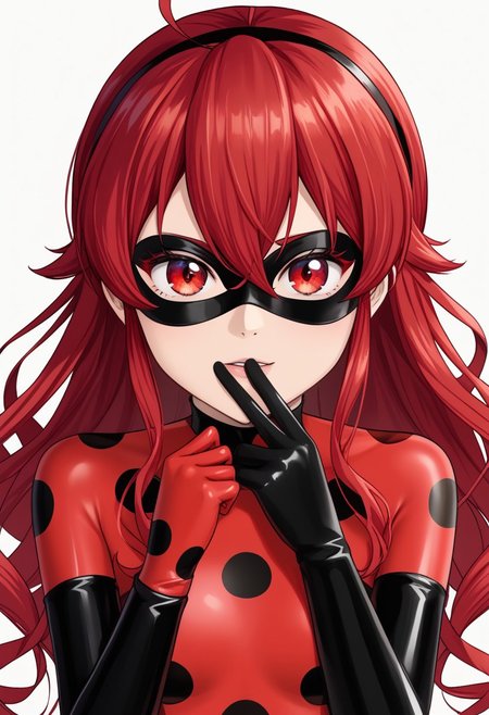 eye mask, ladybug costume, ladybug outfit,eris greyrat, ahoge, hair between eyes, long hair, red eyes, red hair, sidelocks, clear image,(masterpiece:1.2), easynegative, ng_deepnegative_v1_75t, best quality,<lora:guizhencaoXL-000018:1>, Expressiveh, verybadimagenegative_v1.3, high resolution, unity 8k wallpaper, extremely detailed face, extremely detailed CG, ( perfect hands, perfect anatomy, perfect eyes , five fingers), white background