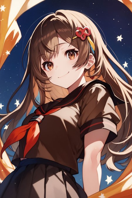 score_9, score_8_up, score_7_up, 1girl, looking at viewer, arms_behind_back, naughty smile, bronze hair, multicolored hair, long bangs, hair ornament, hazel eyes, medium breasts, dark brown serafuku \(sailor uniform\), dutch angle, starry background, <lora:mika_pikazo_PonyXL_style_v01:1>