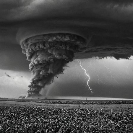 a (black and white:1.5) photo of a huge tornado approaching, dark dense clouds, strong wind blowing on the fields, crops blown by exreme wind, several incredible lightnings in the sky, dramatic light, hyper realism, high contrast, (heavy grain:1.5) film, extreme details, intricate details, 8k, 35mm photo, photorealism, realistic photo, national geographic style, masterpiece