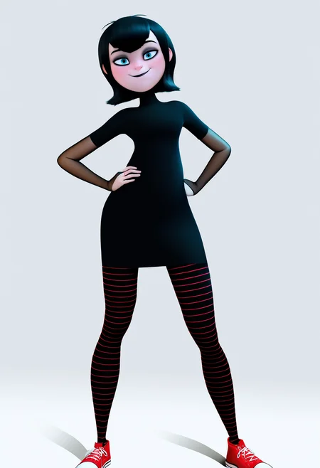 best quality, amazing quality, very aesthetic, absurdres,
1girl, mavis, black hair, bangs, blue eyes, black lips, 
black dress, bridal gauntlets, short sleeves, red sneakers, striped thighhighs, 
standing, hands on hips,
smile,
solo, looking at viewer, simple background, white background  <lora:MavisNoobXL_byKonan:1>