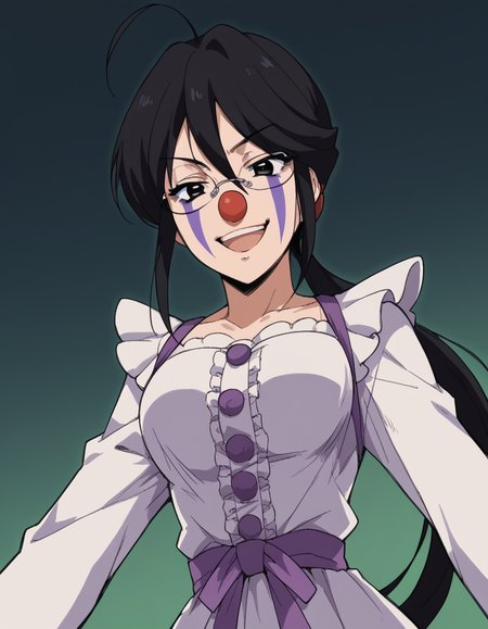 score_9, score_8_up, score_7_up, source_anime, <lora:sae-shirai-s1-ponyxl-lora-nochekaiser:1>, sae shirai, long hair, black hair, ponytail, ahoge, glasses, black eyes, hair between eyes, sidelocks, medium breasts,, <lora:clown-ponyxl-lora-nochekaiser:1>, clown, makeup, clown nose, facepaint, gloves, long sleeves, frills, dress,, smile, open mouth, smug, , dutch angle, cowboy shot