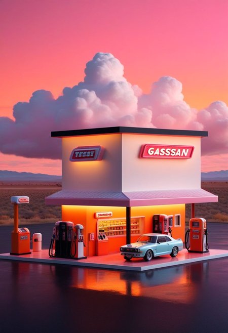 ispzxll, diorama, isometric, miniature, volumetric lighting style, intricate details, pink and orange sky, fluffy clouds, car at gas station, country living, countryside, middle of nowhere, rundown gas station, gas pump, secret meeting, small town, vast landscape, detective, mystery, white nissan skyline gtr car
