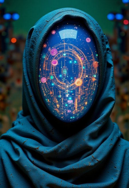 An infinite, labyrinthine corridor of numbers stretches endlessly in all directions, suspended in a cosmic haze of neon hues—pinks, blues, greens, and a pale, decaying yellow. The artwork is a high-quality digital piece, portraying a SentinelBot—a cyborg Bedouin with an exquisitely delicate design. The composition focuses on an upper-body close-up, showcasing the captivating blend of artificial aesthetics and aged, intricate technology.
The SentinelBot's skin is a smooth, porcelain-like synthetic material with a faint, opalescent sheen, marred by subtle cracks and wear that hint at decades of use. Metallic joints and exposed mechanisms peek through the worn surface, revealing a complex inner structure of filigree-like circuits and finely machined components. Her face is partially shrouded in shadow, high collar, 
Her attire reflects a fusion of traditional Bedouin influences and futuristic design with deep, glowing hues of cobalt blue, amethyst, and emerald green, evoking the vastness of a starlit desert night.