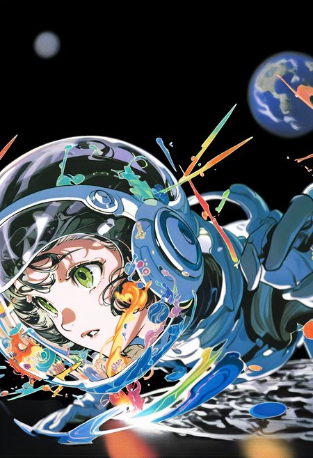 1girl, space helmet, solo, space, spacesuit, planet, green eyes, blurry, black background, earth \(planet\), parted lips, bangs, black hair, open mouth, helmet <lora:yoneyamaiXL_NBVP1_lokr_V6311PZ:0.95>