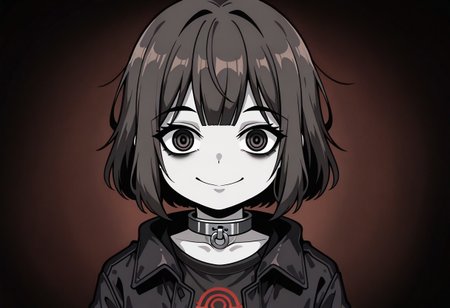 lazypos, character focused, anime girl, short hair, messy bangs, haunted expression, wide eyes, pale skin, dark circles, blood stains, eerie smile, oversized jacket, neck collar, unsettling gaze, horror theme, grunge shading, muted colors, broken psyche, psychological horror, minimal background, distressed texture, creepy aesthetic, SurioStyle