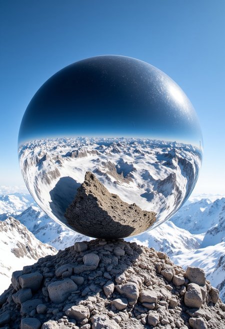 A giant mercury sphere of 3 meters that reflects its surroundings. It floats in the air 1 meter on the summit of the Himalayas. Everything around it is reflected in the reflection. aidmaMJ6.1