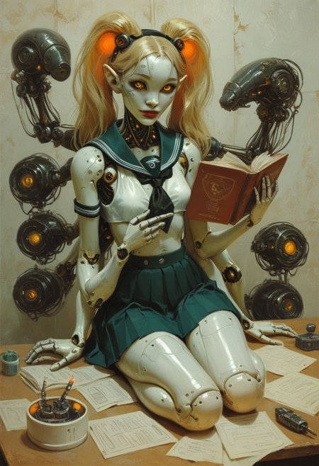 score_9, score_8_up, score_7_up, 1girl, photography of a cute girl, 18yo, (4 arms, robot arms:1.2), red lips, (white skin:1.5), (cyberpunk, scifi, futuristic:1.2), glowing orange eyes, blonde hair, twintails, small breasts, narrow hips, (school uniform:1.2), boots, shiny skin, full body, sitting at a desk, typing on a keyboard, holding a book, happy, reelmech, mechanical parts, machinery, joints