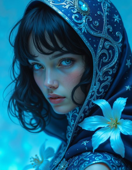 in the style of cksc, 

fantasy aesthetic. , digital artwork of a futuristic, natural colors, , epic.  luminescence, ultra realistic, hyper detailed, soft lighting , epic scale.
(detailed digital painting, detailed oil painting). 

cinematic still hyperrealistic art A mesmerizing portrait capturing the essence of timeless beauty ---- Blue was her raiment as the unclouded heaven, but her eyes were as the starlit evening; her mantle was sewn with golden flowers, but her hair was as dark as the shadows of twilight. As the light upon the leaves of trees, as the voice of clear waters, as the stars above the mists of the world, such was her glory and her loveliness; and in her face was a shining light, , fantasy . The overall composition feels cinematic, blending high fashion with a science fiction aesthetic. . Exquisite cyberpunk. retroFuturism. . (Depth of field)..  .
masterpiece, best quality, medium-format camera,  high-contrast, dramatic lighting, striking composition,  
 The overall composition feels cinematic. mythp0rt

<lora:SDXL\FLUX_frazetta_flux_v2-000150.safetensors:1.0>, Frank Frazetta



