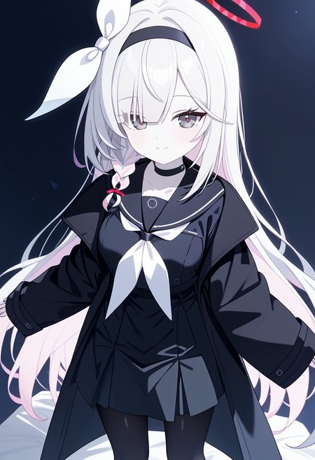 best quality, highres, masterpiece, 1girl, Plana_(Blue_Archive), grey eyes, white hair, bangs, long hair, single braid, hairband, black hairband, hair ribbon, choker, halo, (unnaturally white skin:1.2), (pale skin:1.1), 
(shiny skin:1.2), standing, closed mouth, medium breasts, smile, looking at viewer, thighs, facing viewer, black serafuku long sleeve, coat removed, white neckerchief, black skirt, black pantyhose