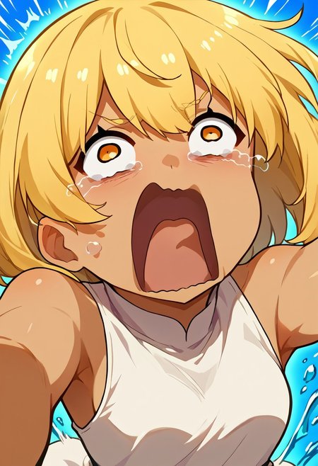 score_9, score_8_up, source_anime, 1girl, solo, kana_higa, blonde hair, amber eyes, tan skin, white dress, aquascreaming, screaming, open mouth, crying with eyes open, reaching out, bending over, freebos_smoothiestyle