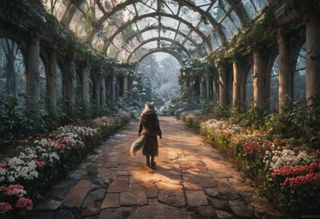 score_9, score_8_up, score_7_up,  fullbody, 1girl, furry, anthro, gray fur, wolf tail, wolf, solo, fullbody, backview, looking arround in wonder, masterpiece, best quality, very aesthetic, close up, gray hair, gray twin braids, green eyes, standing in the ruins of botanic garden with glass ceiling, overgrown, trees, flowers, plants,  broken glas, snow patches ray of light, dark sky, low light, white snow, (postapocalyptic city), d, dark, worried, concerne, ragged winter clothes