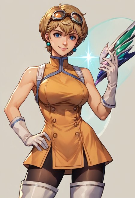 score_9, score_8_up, score_7_up, source_anime,
, (best quality) , (highly detailed) ,masterpiece ,absurdres ,detailed face ,beautiful face ,
<lora:pony_xl_Hildegard:0.8>,Hildegard,score_9,score_8_up,1girl,female,kawaii,solo,short hair,earrings blond hair
 goggles on head, hair bobbles, sleeveless dress, white gloves, black pantyhose, thigh boots, large breasts, finger to chin, hand on hip, smile, closed mouth
best quality, masterpiece, very aesthetic, 
OverallDetail